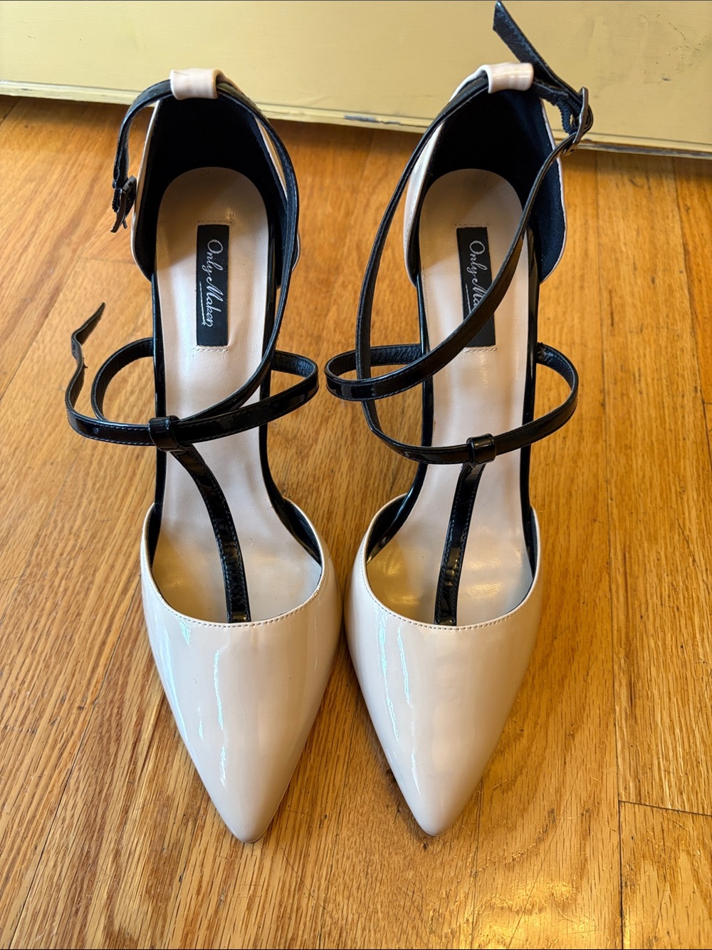 Only Maker Two-Tone Pointed-Toe Ankle-Strap Pumps in Cream and Black